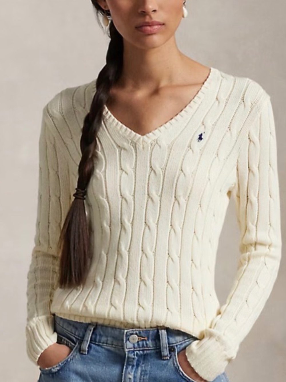 Ralph Lauren Cream Cable Knit V-Neck Sweater with Polo Pony